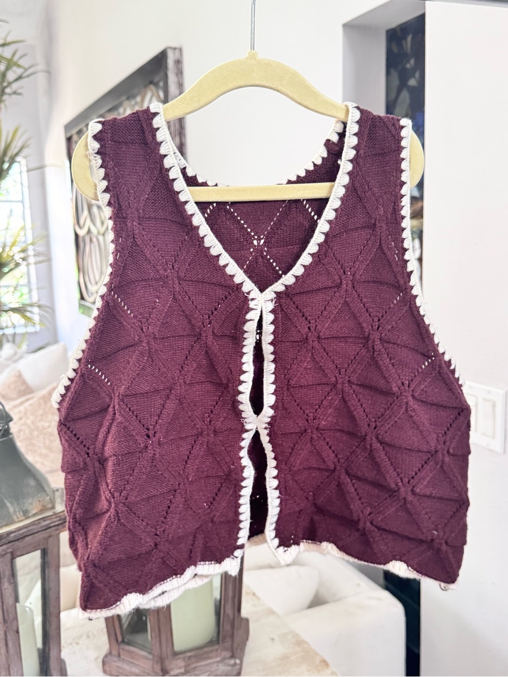 Crocheted Knit Brown Vest with White Trim